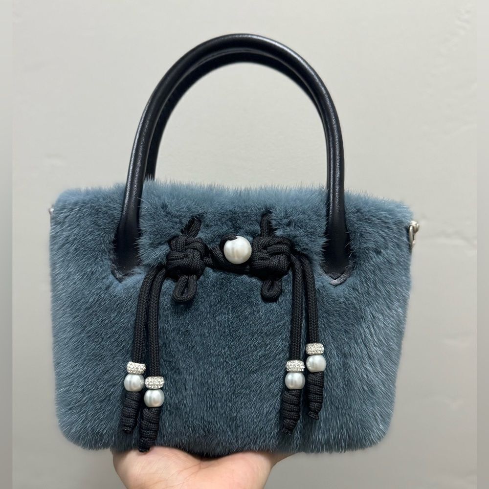 Premium Real Mink Fur Handmade Knot Decoration & Leather Handle Small Tote Bag